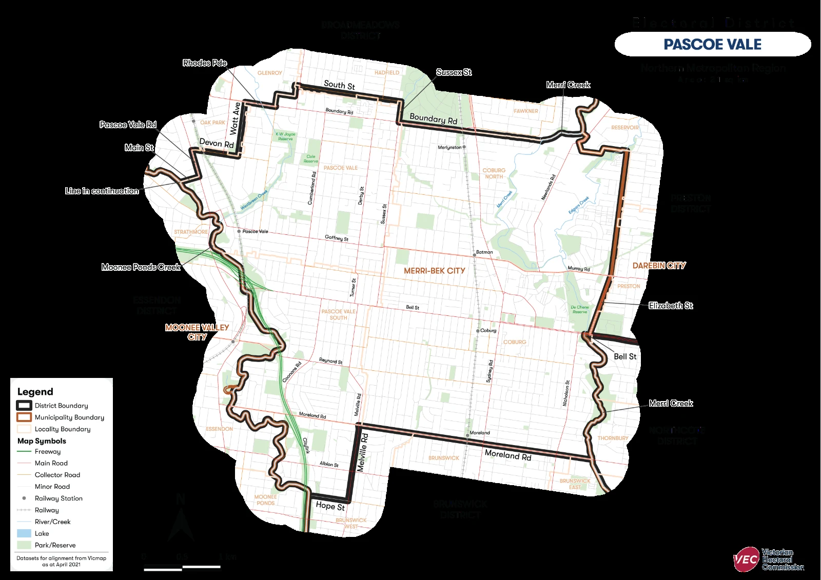 Official Victorian Electoral Commission map of the Pascoe Vale electoral district, Northern Metropolitan Region